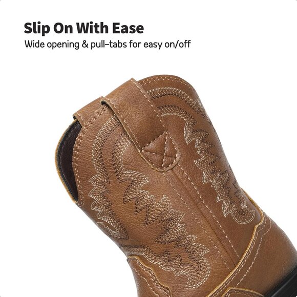 Kids Brown Toddler Little Cowboy Western Square Toe Riding Mid Calf Boots - Picture 3 of 7